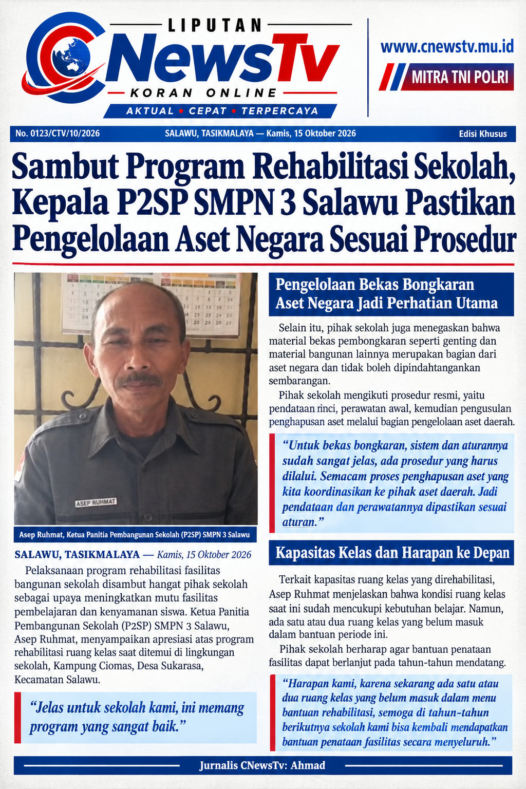 Sambut Program Rehabilitasi Sekolah, Kepala P2SP SMPN 3 Salawu Pastikan Pengelolaan Aset Negara Sesuai Prosedur