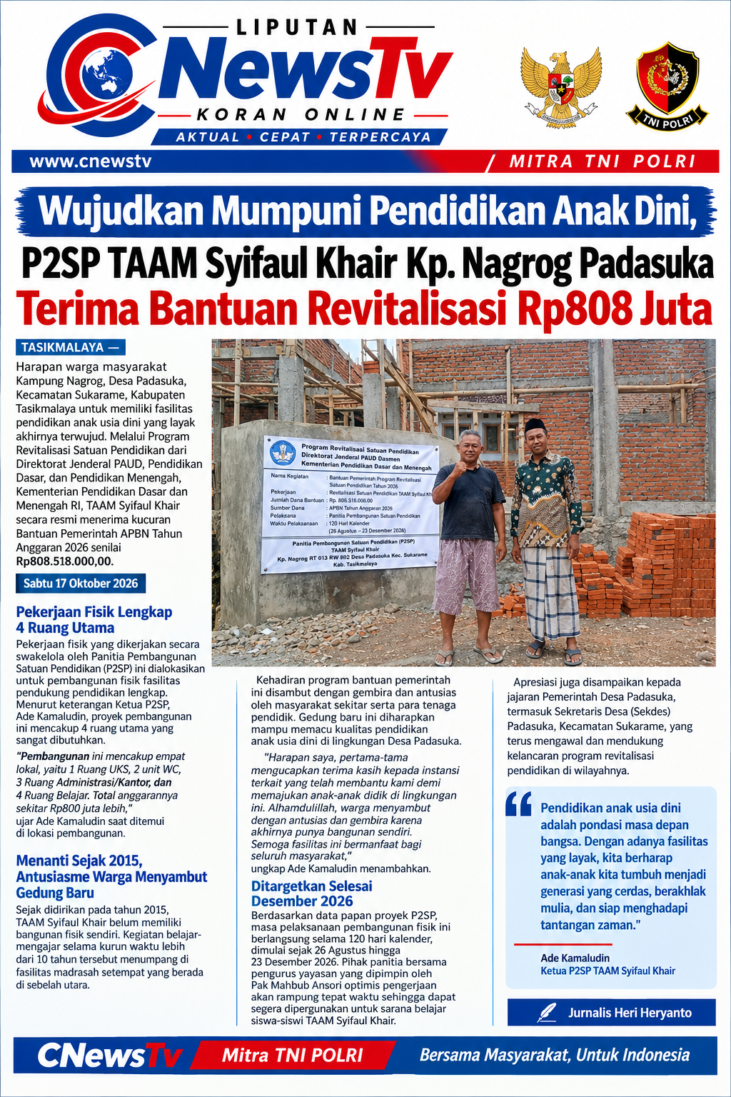 Wujudkan Mumpuni Pendidikan Anak Dini, P2SP TAAM Syifaul Khair Kp. Nagrog Padasuka Terima Bantuan Revitalisasi Rp808 Juta